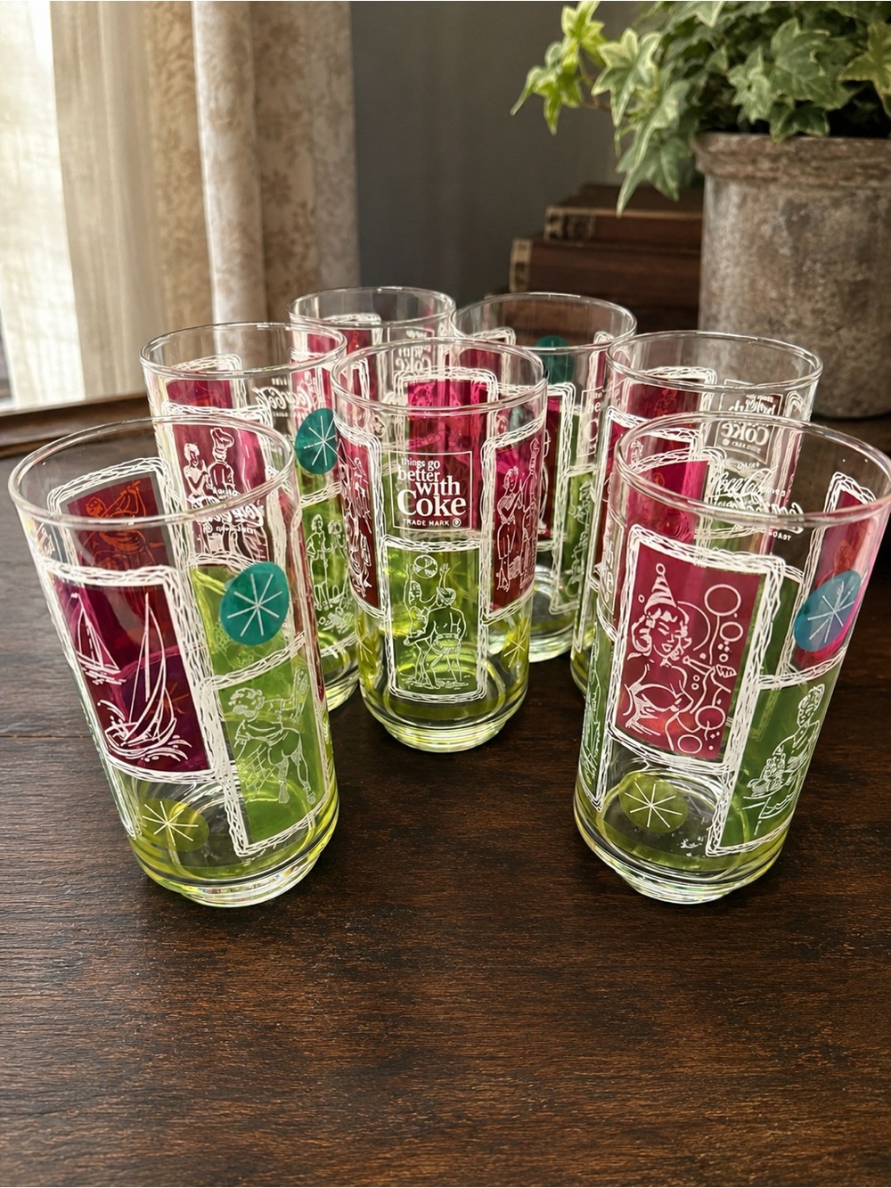 Vintage 1960s Coca Cola Things Go Better With Coke Glasses Set of 7 Red Green